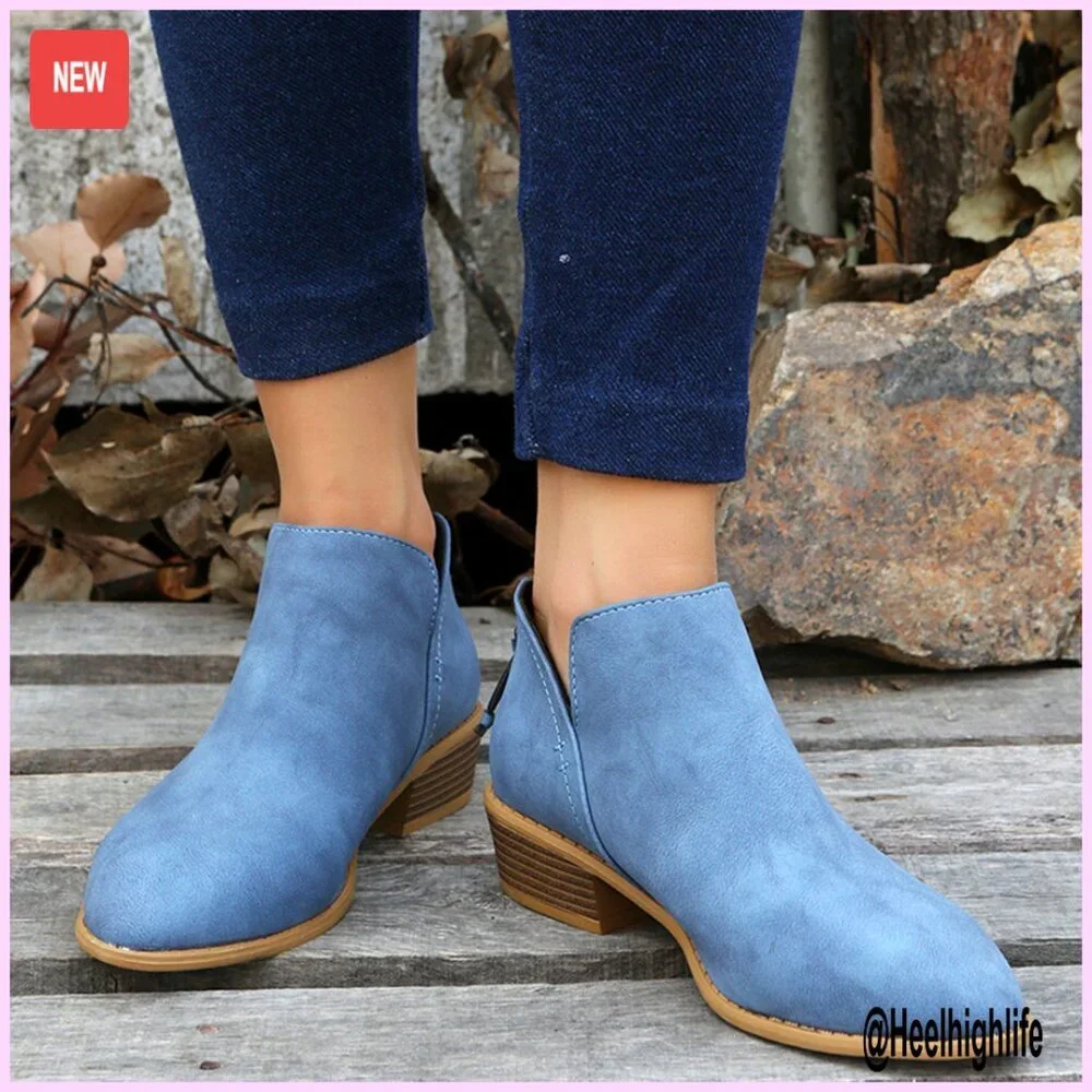 Women's Low Heel Ankle Booties Casual Dress Shoes V Cut Chunky Block Heel